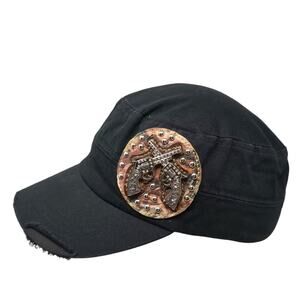 Black Army Cap Hat OS Revolver Gun Patch Studded Distressed Strapback Adjustable